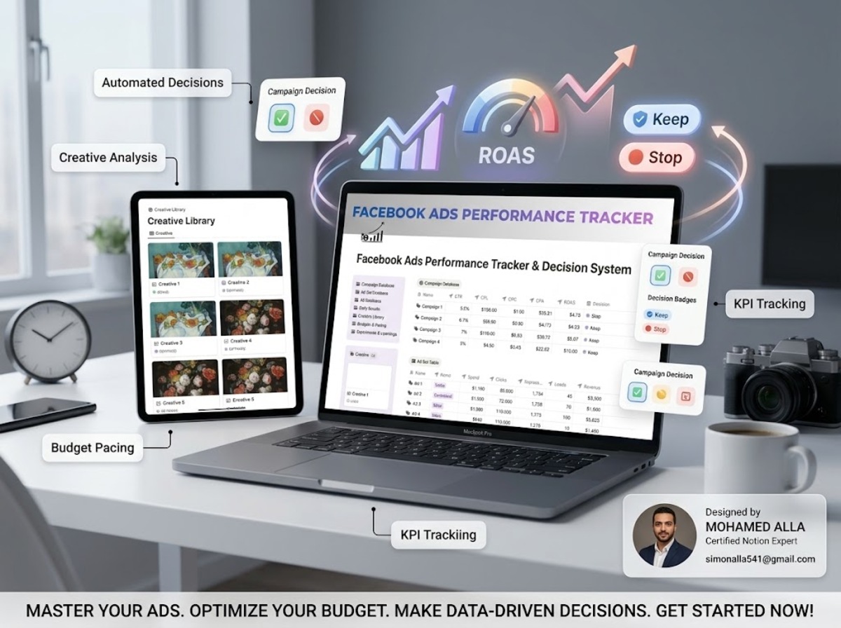 Preview of the Facebook Ads Tracker Notion workspace on a laptop screen featuring campaign databases, ROAS tracking, and budget pacing tools.