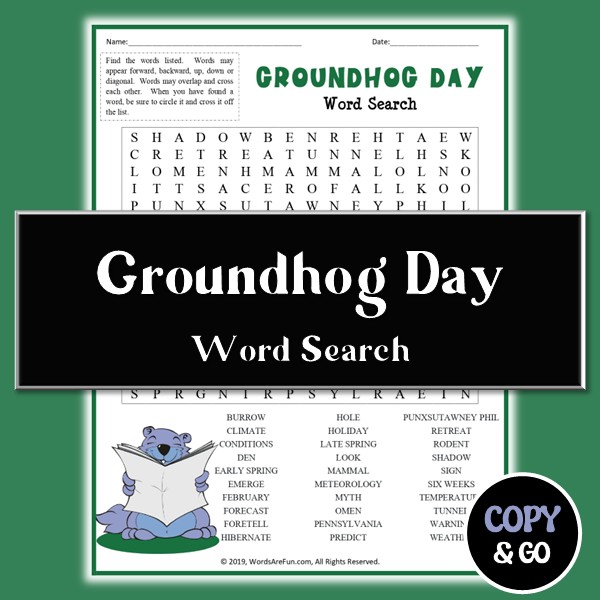 Weather Class Activity Groundhog Day Word Search Printable PDF | Color & B/W Puzzle with ...