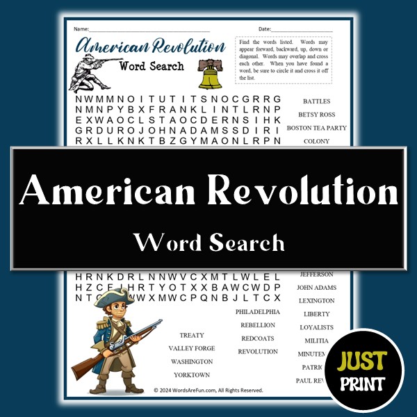 American Revolution Word Search Printable PDF | Color & B/W Puzzle with ...