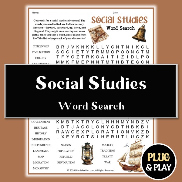 Social Studies Word Search Printable PDF | Color & B/W Puzzle with ...