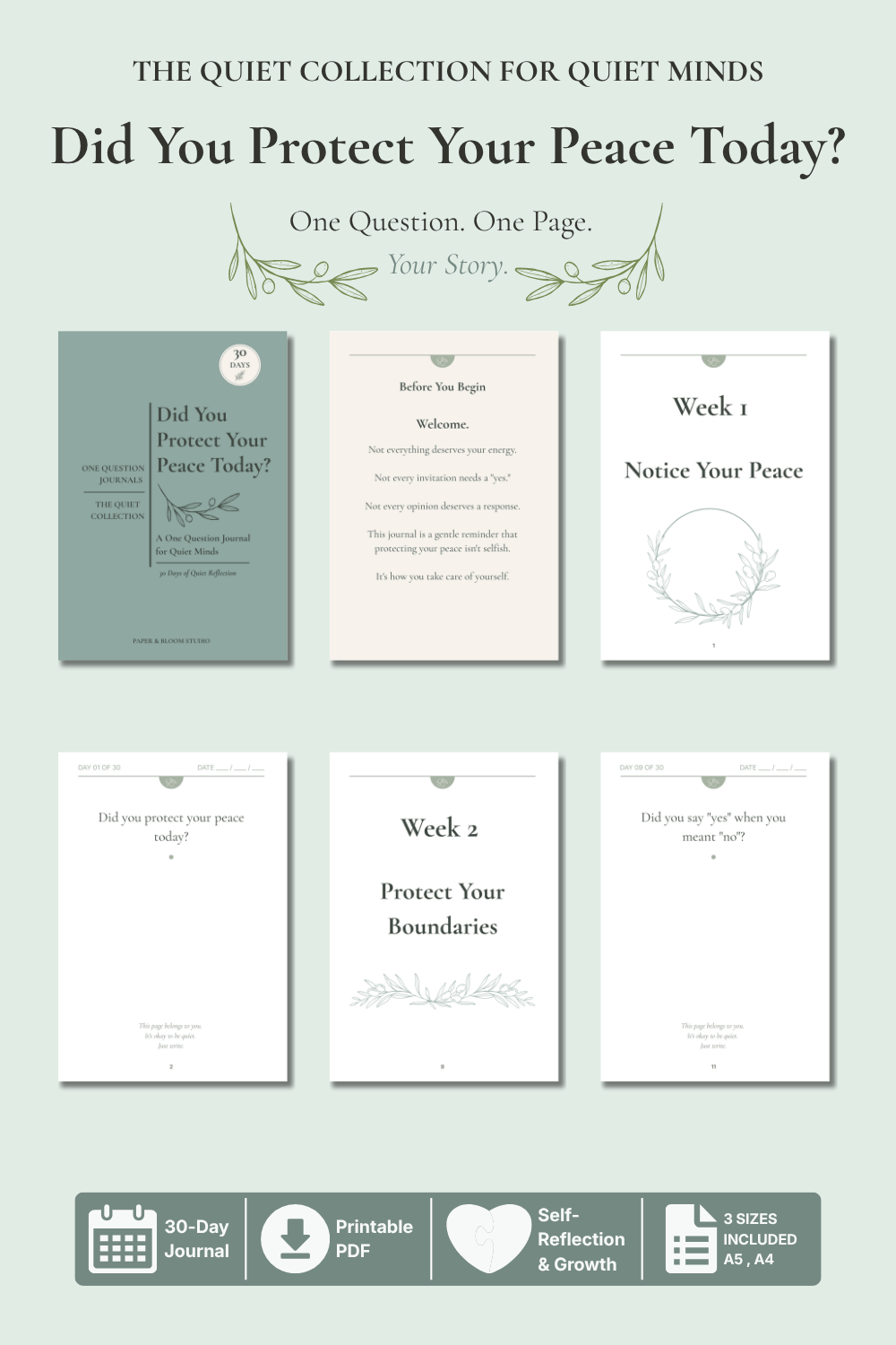 Printable 30-day one question journal mockup showing cover, welcome page, and weekly divider pages