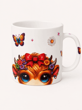 Side view of Highland cow ceramic mug with colourful flowers, butterflies, fairy details and printed handle