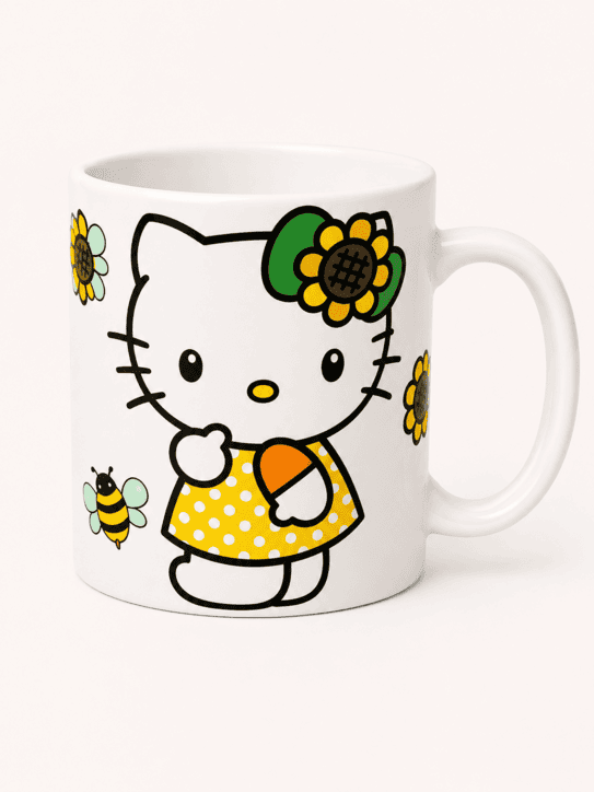 Hand-printed white ceramic Hello Kitty mug with yellow sunflower design, flowers and bee details