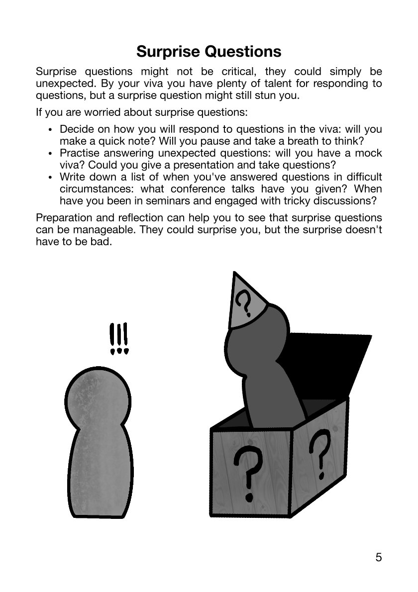 Page 5. The top half is a short post titled "Surprise Questions". The bottom half shows one pawn figure being surprised by another appearing as a jack-in-the-box.
