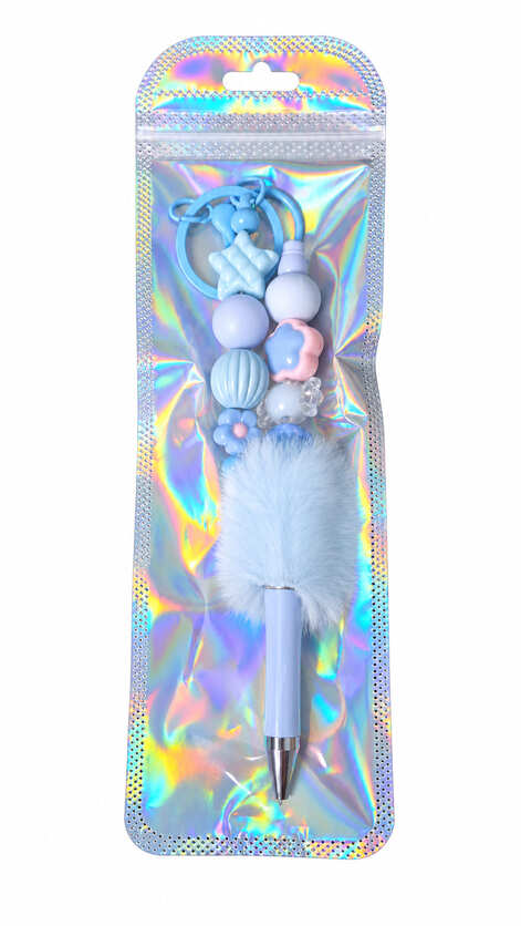 A pastel blue star candy beaded pen and matching keychain set displayed inside a glossy, iridescent holographic retail pouch.