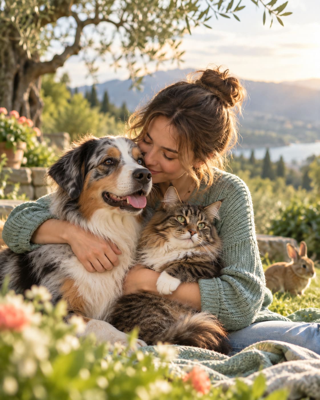 Visuel de SOS Assistance Animale illustrant un réseau solidaire autour des animaux, avec une femme entourée d’un chien et d’un chat, symbole d’entraide, de bénévolat et de protection animale partout en France.