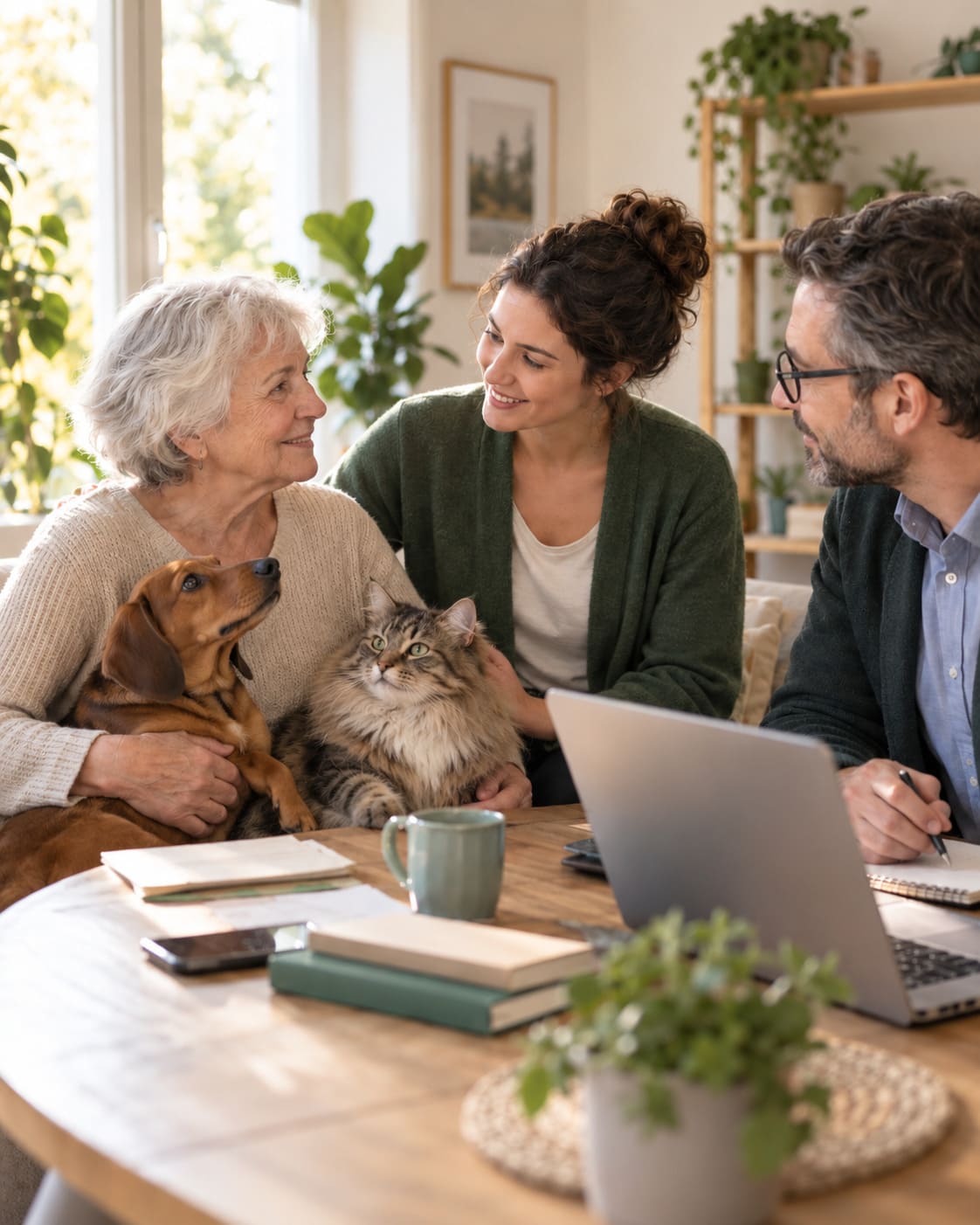Personne âgée accompagnée d’un teckel et d’un chat sibérien, entourée de personnes venues l’écouter et l’orienter, illustrant le réseau solidaire de SOS Assistance Animale.