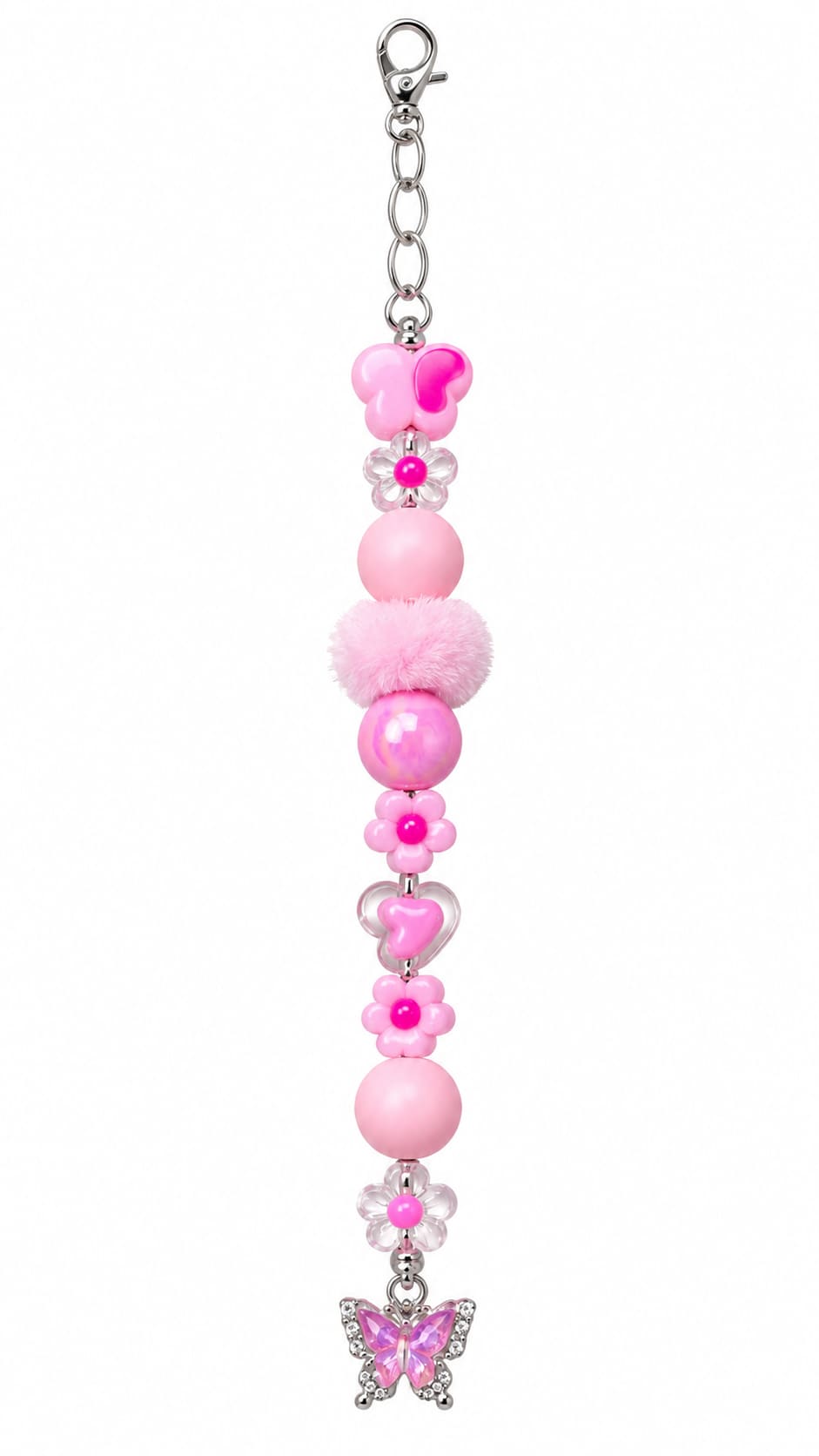 A close-up view of a novelty coquette-themed fidget strap showing a silver lobster clasp, a pink butterfly bead, clear flower spacers, a fluffy pink pom-pom, a clear heart bead, matte pink spheres, and a glittering rhinestone butterfly charm at the bottom