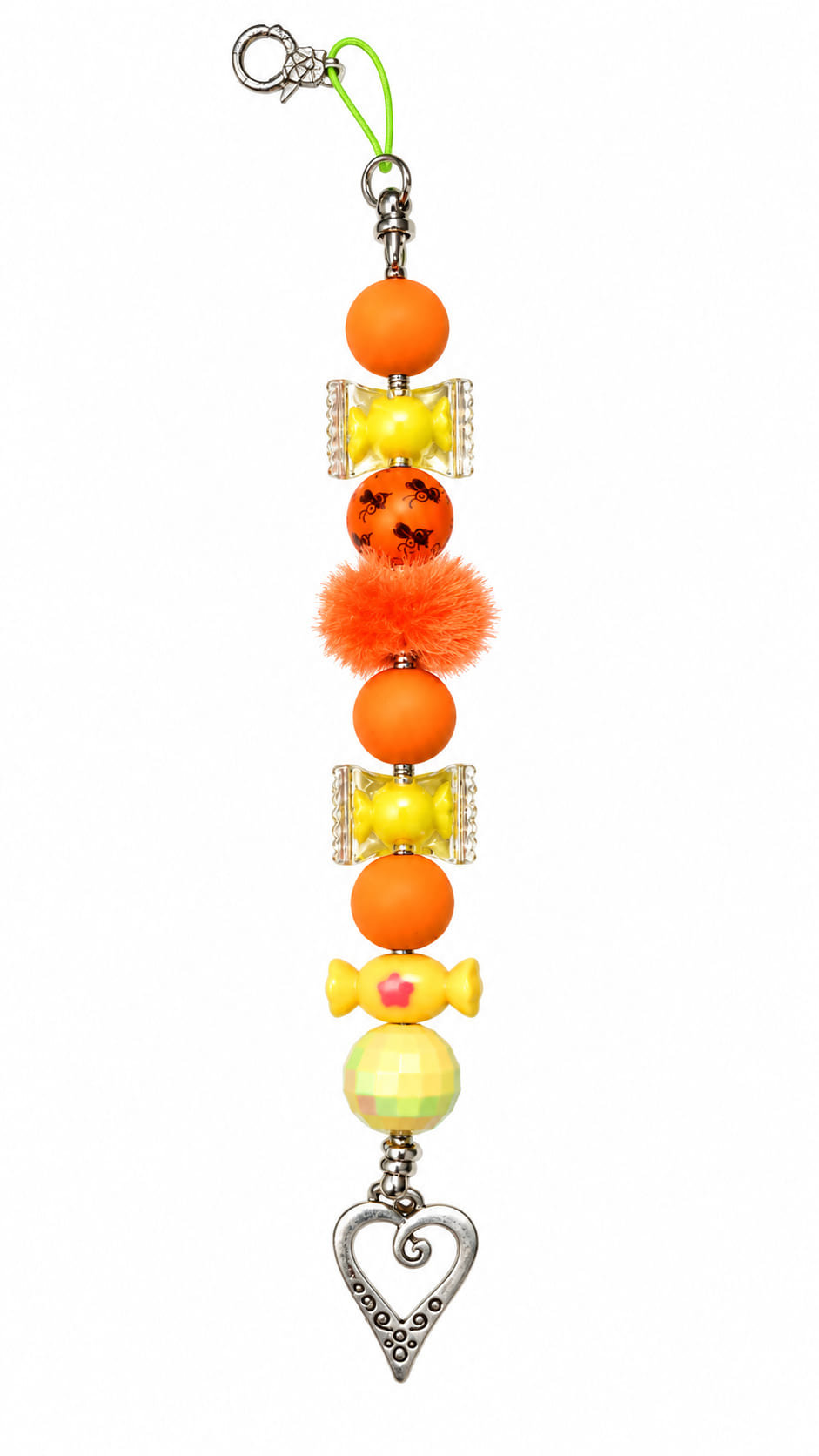 A close-up view of a novelty neon fidget strap charm showing a lime green loop cord, a silver lobster clasp, matte orange beads, clear candy shapes, a bead with printed black bumblebees, a fluffy orange pom-pom, a yellow hard-candy accent, a faceted iride