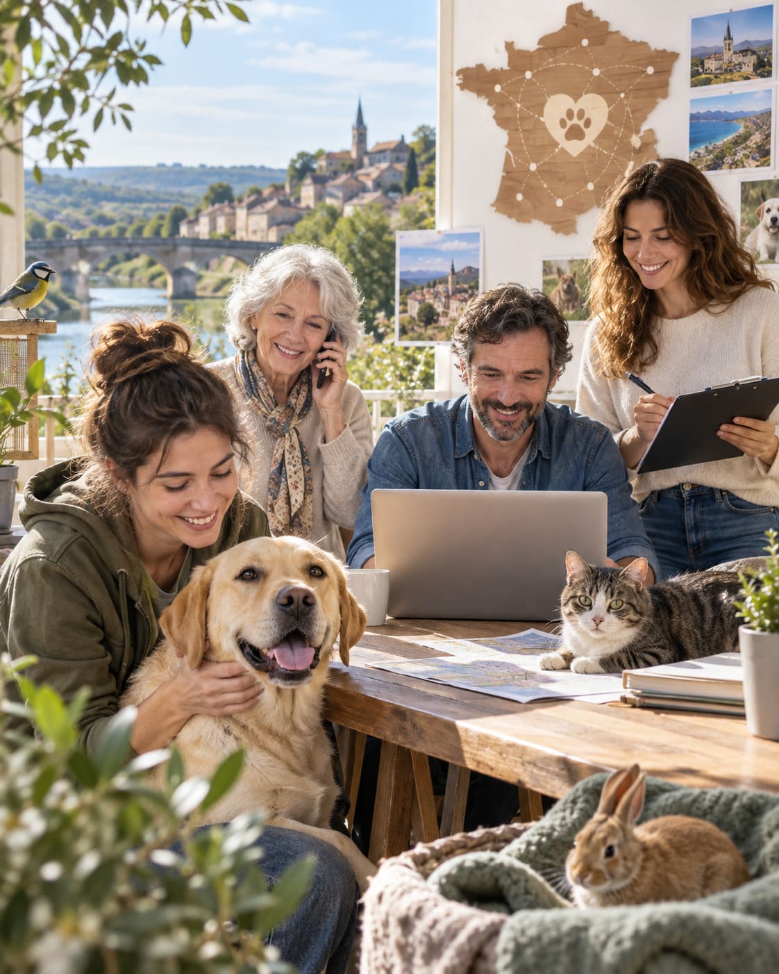 Bénévoles de plusieurs générations réunis avec un chien, un chat et un lapin pour développer le réseau national de SOS Assistance Animale partout en France.