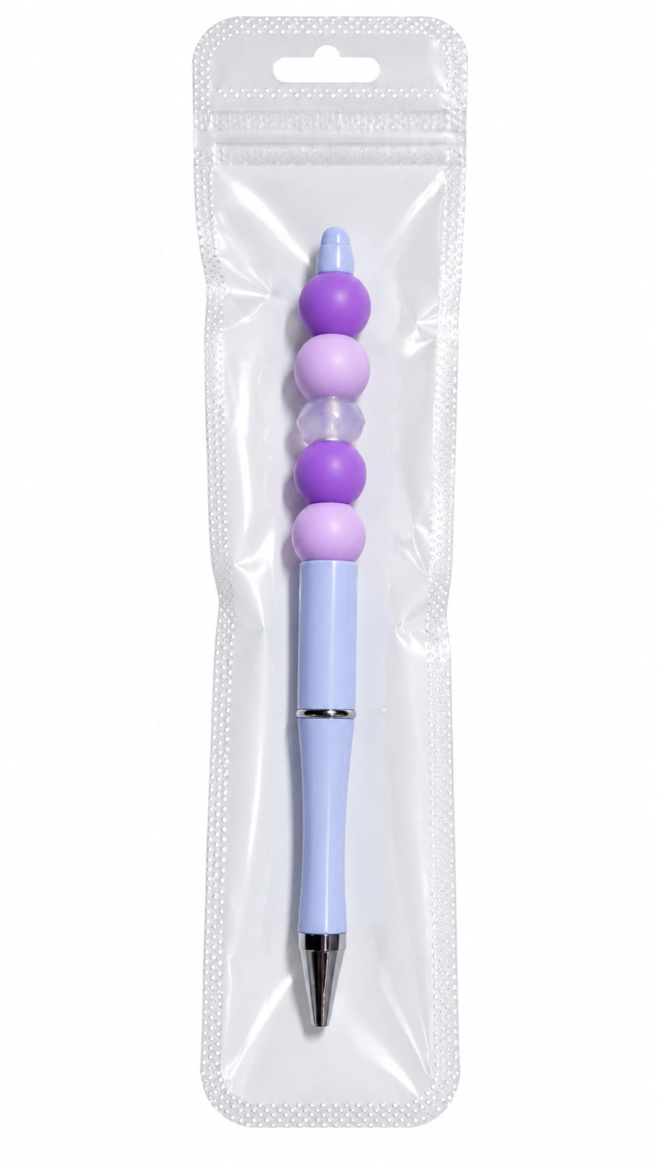 A cute pastel lavender-lilac custom beaded pen displayed inside a long, clear, professional retail plastic pouch with a hanging tab.