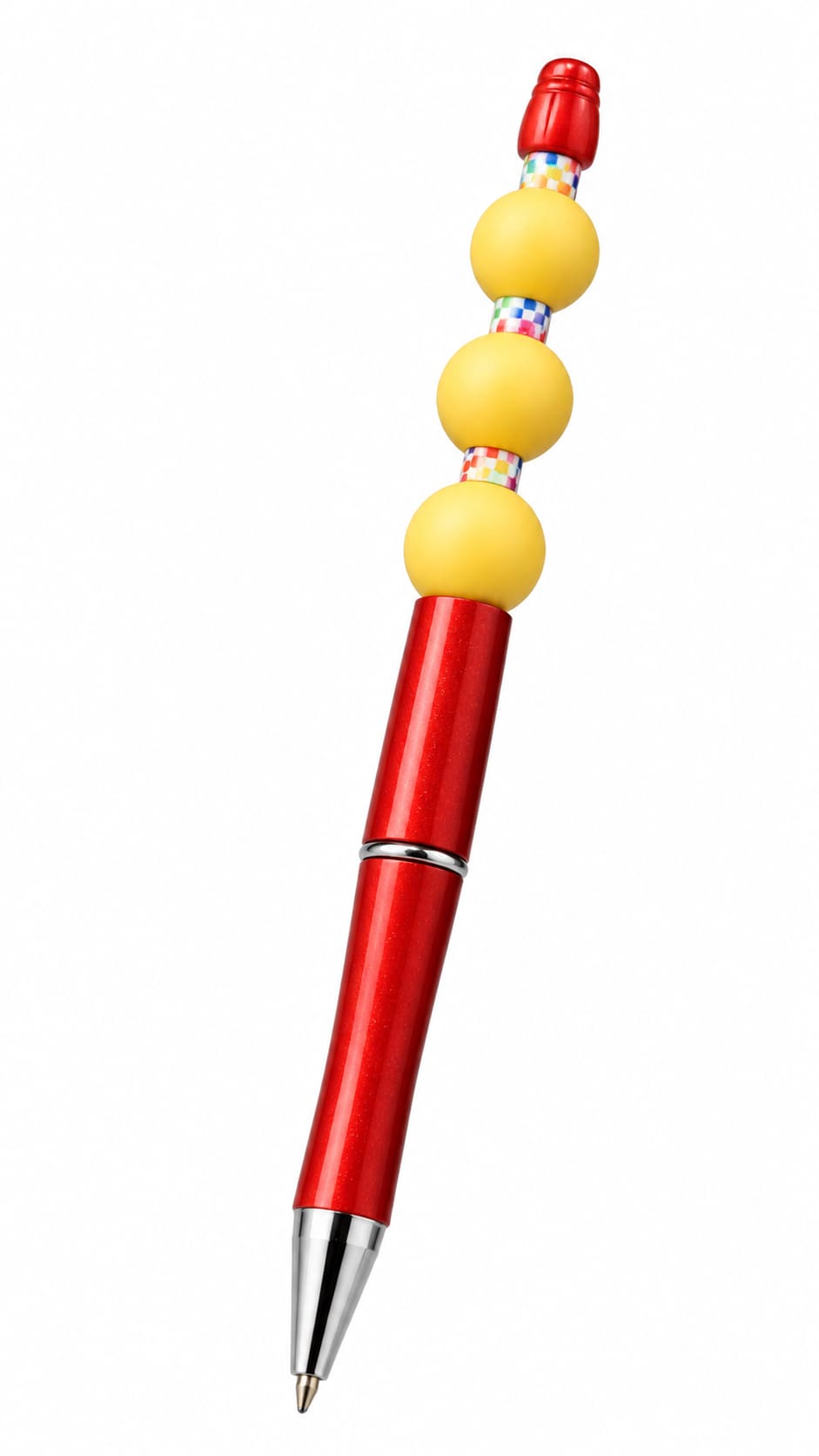 A close-up view of a custom metallic red ballpoint pen with silver trim, decorated with three stacked sunshine yellow matte silicone beads and rainbow checkered geometric spacer rings.