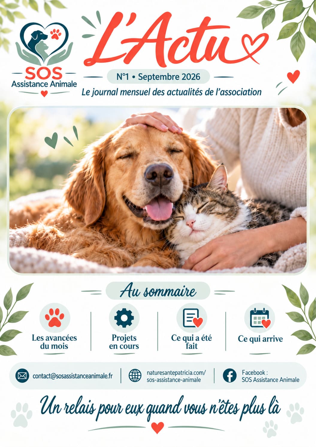 Couverture du numéro 1 de L’Actu SOS Assistance Animale, édition de septembre 2026, présentant les actualités, projets et premières avancées de l’association.