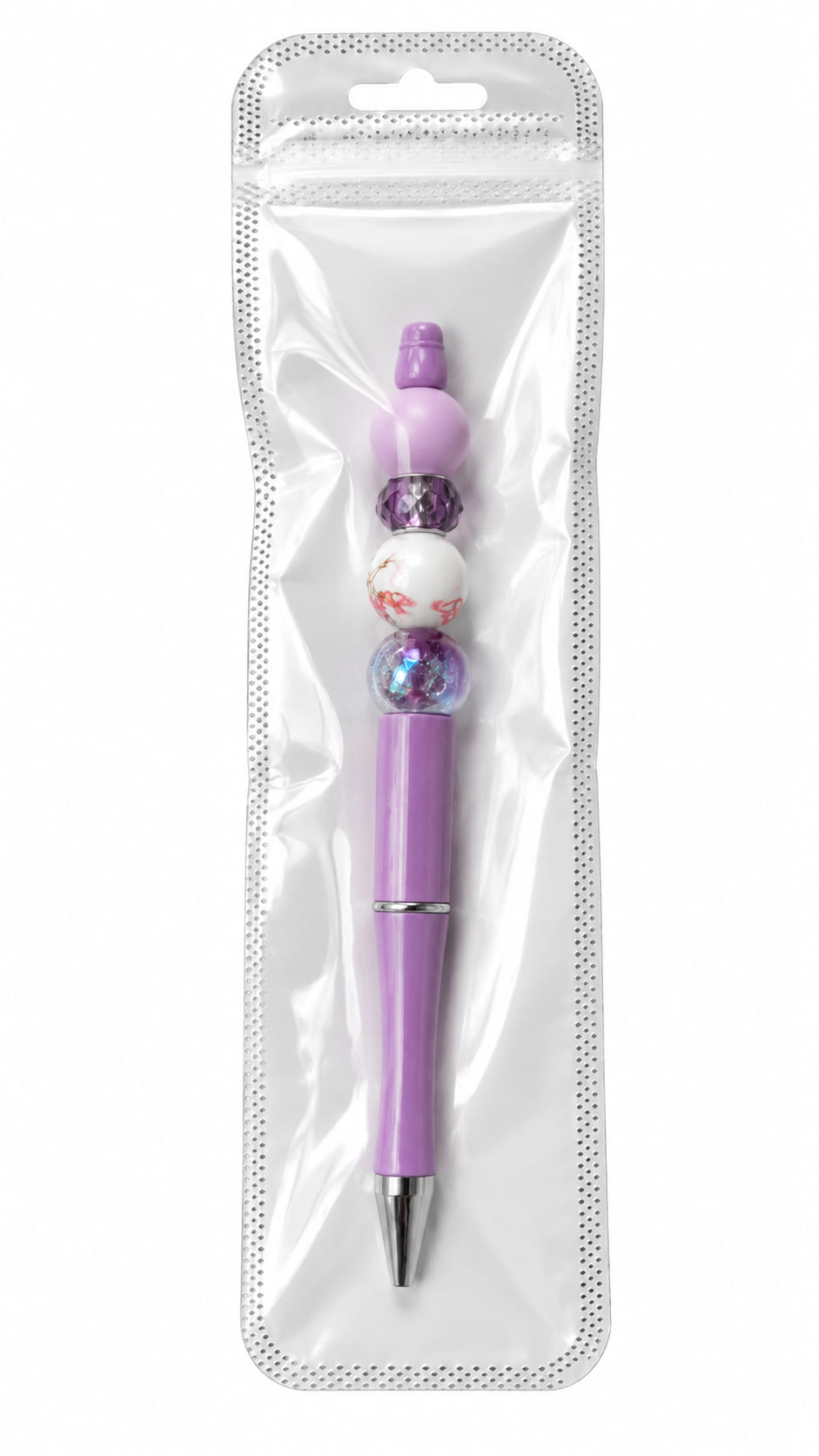 Handmade Betty Boop purple beaded pen presented in a clear protective gift pouch.