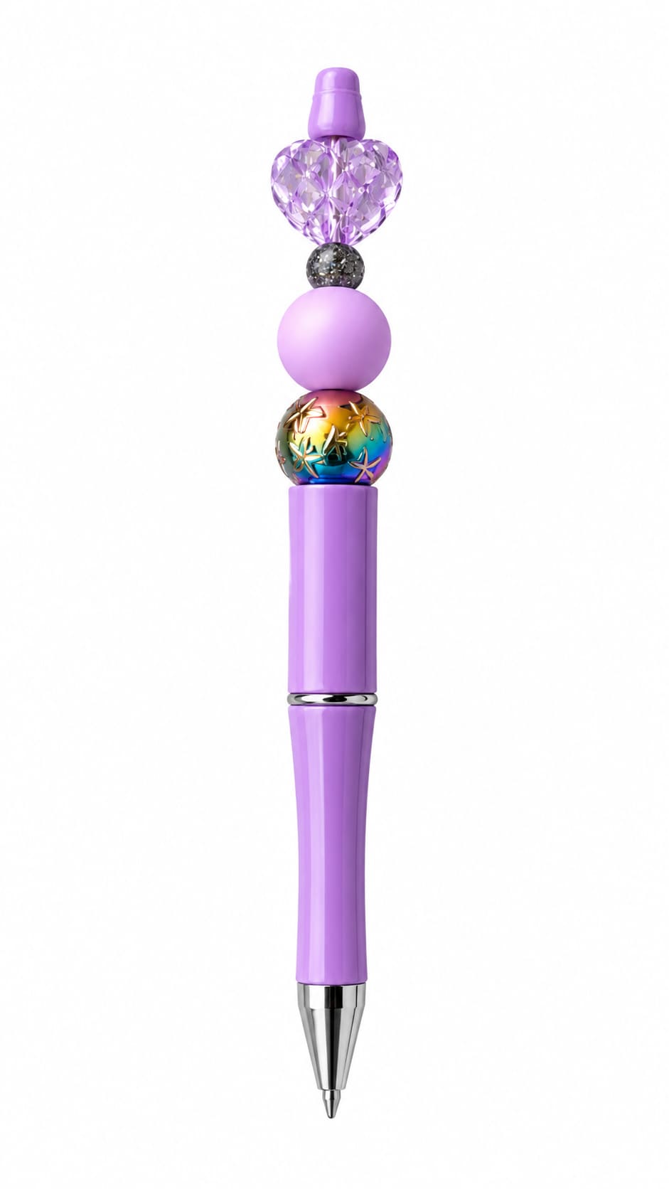 Handmade purple beaded pen with faceted heart, lilac bead and colourful decorative accents