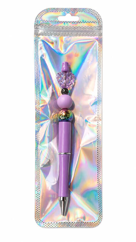 Handmade sparkling purple beaded pen presented in a shimmering holographic gift pouch