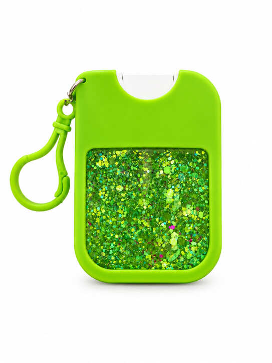 Back of lime green hand cleaner keychain holder with emerald and iridescent glitter resin panel