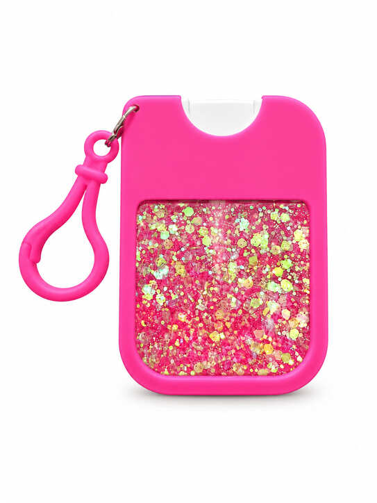 Back of hot pink hand cleaner keychain holder with pink and iridescent glitter resin panel