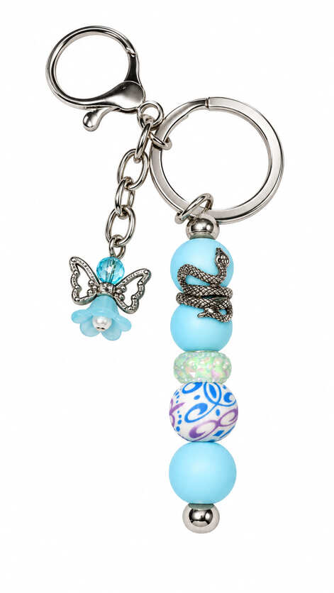 Handmade sky blue beaded keychain with silver-tone snake, angel charm and lobster clasp