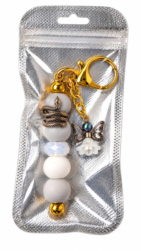 Handmade grey snake and angel beaded bag charm presented in a shimmering silver gift pouch