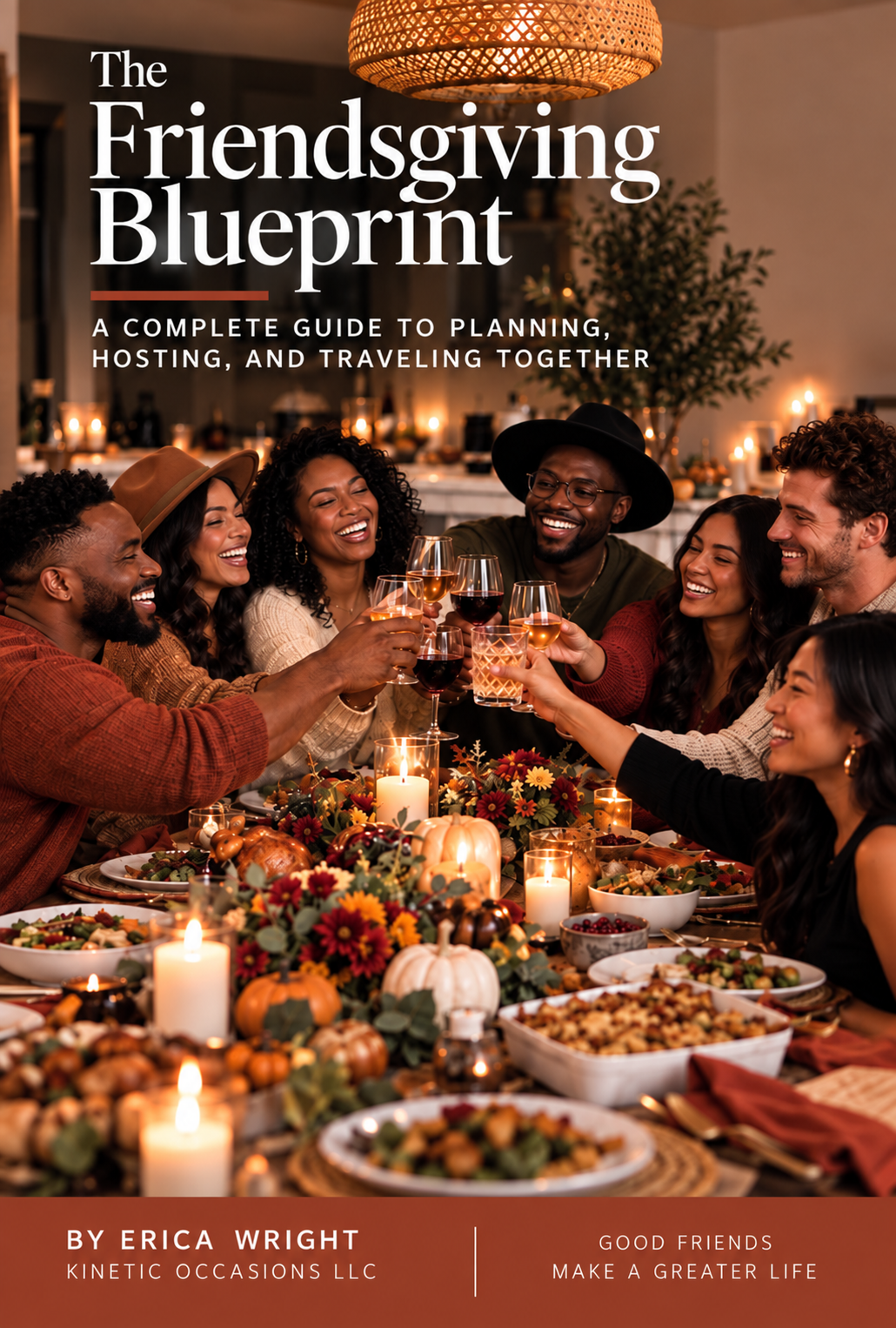 Friendsgiving Blueprint ebook cover featuring a diverse group of friends toasting around a festive Thanksgiving dinner table.