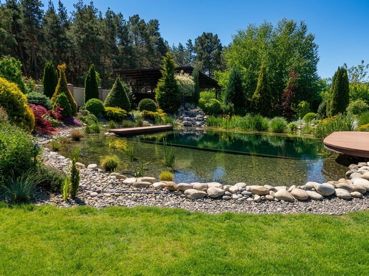 Mature private family garden with a natural swimming pond, established ornamental planting, lawn, wooden platforms and forest backdrop several years after landscape completion.