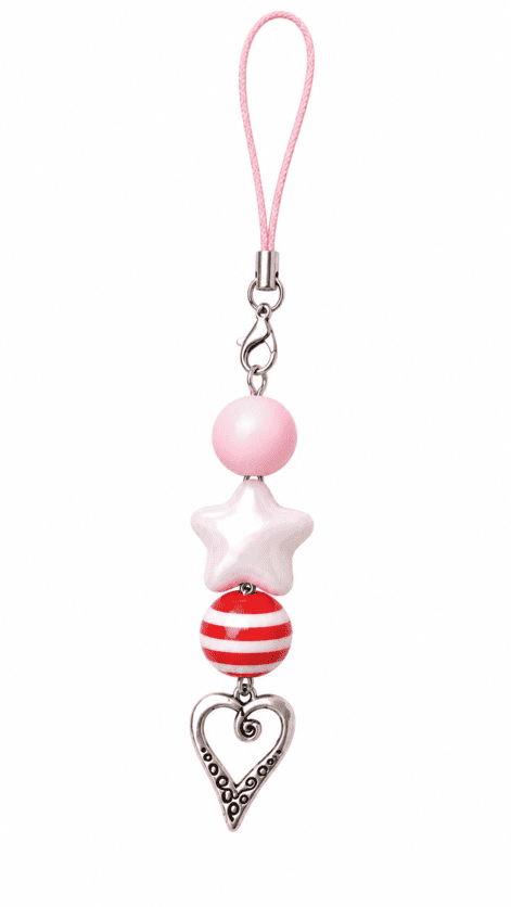 AA close-up studio photograph of a handmade beaded phone strap keychain presented inside a protective, translucent pastel pink heart-shaped zip-lock packaging pouch against a crisp white backdrop.top-down product shot of a vertical beaded phone strap keyc