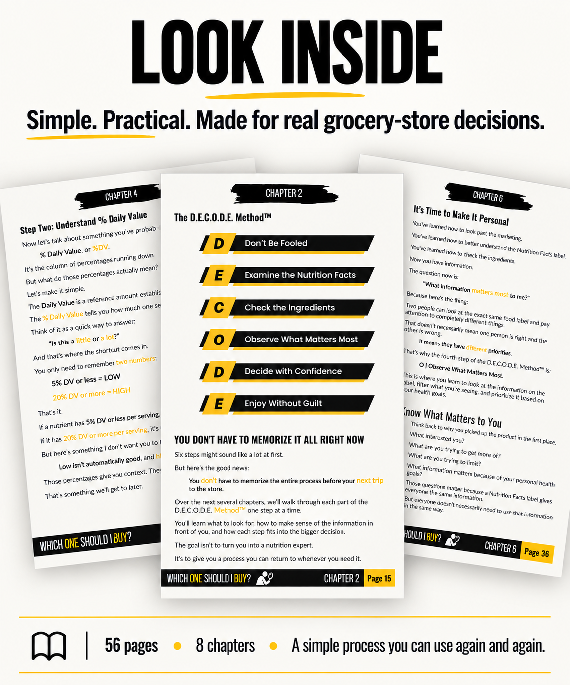 Look inside the ebook with sample pages showing the D.E.C.O.D.E. Method™, Nutrition Facts guidance, and how to focus on what matters when making grocery-store decisions.