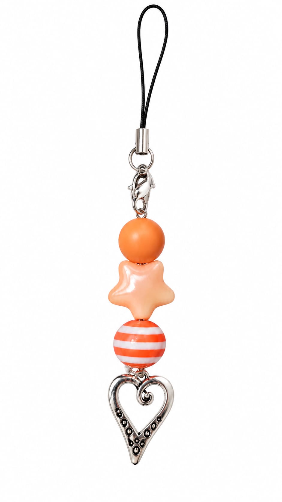 A top-down product shot of a vertical beaded phone strap keychain against a white background. The strap features a black braided cord, a silver lobster clasp, a matte pastel orange round bead, a pearlescent soft orange 3D star bead, a vibrant orange and w
