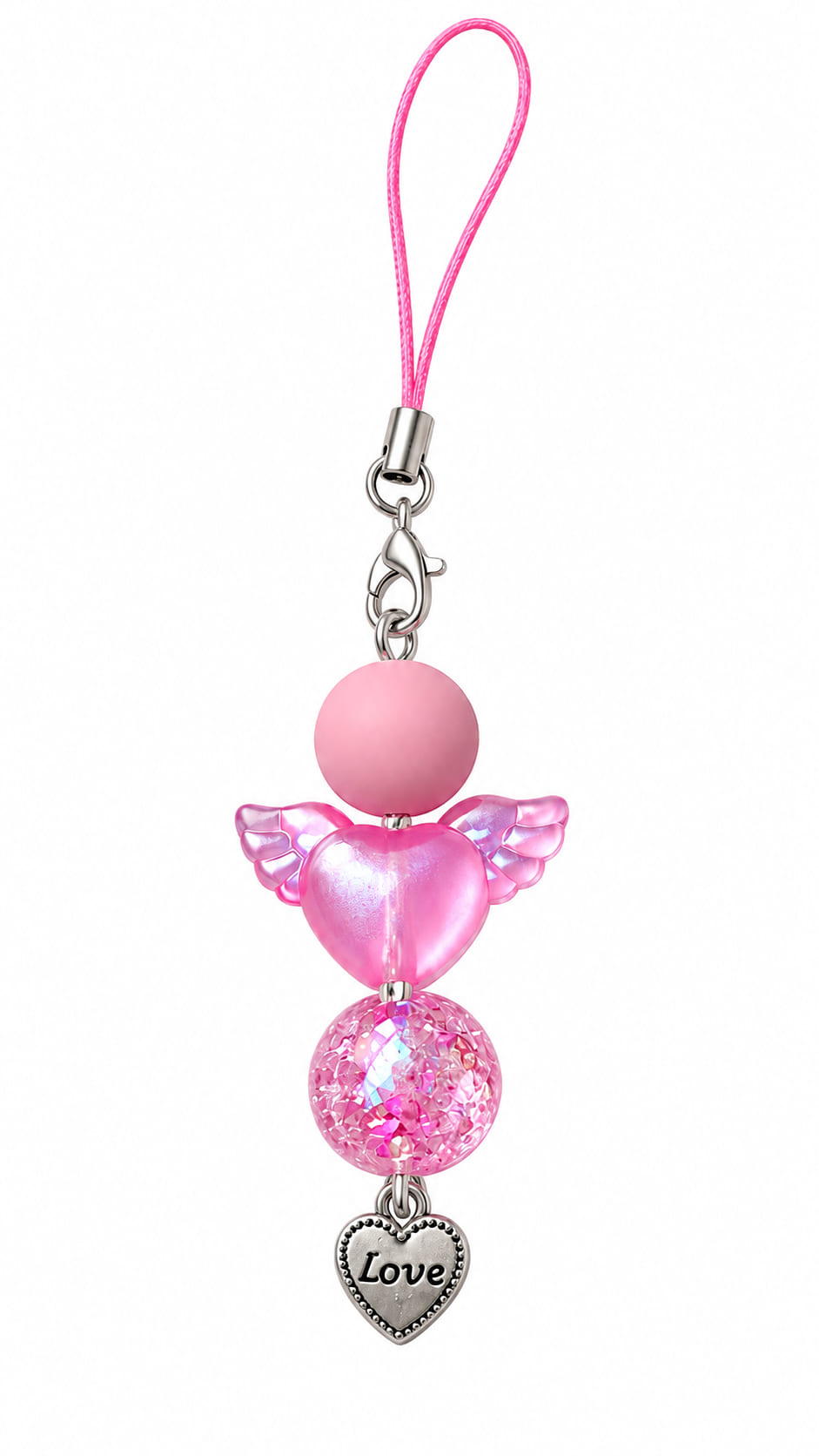 A top-down product shot of a vertical beaded phone strap keychain against a white background. The strap features a bright pink braided cord, a silver lobster clasp, a large matte pastel pink round bead, a semi-translucent bright pink heart bead flanked by