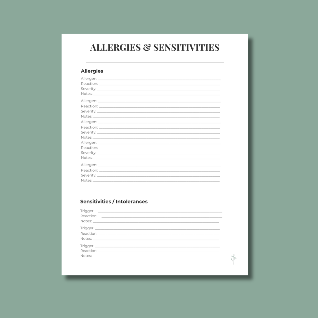Printable Allergies and Sensitivities Tracker page with sections to record triggers, reactions, symptoms, dates, and notes in a simple caregiver‑friendly layout.