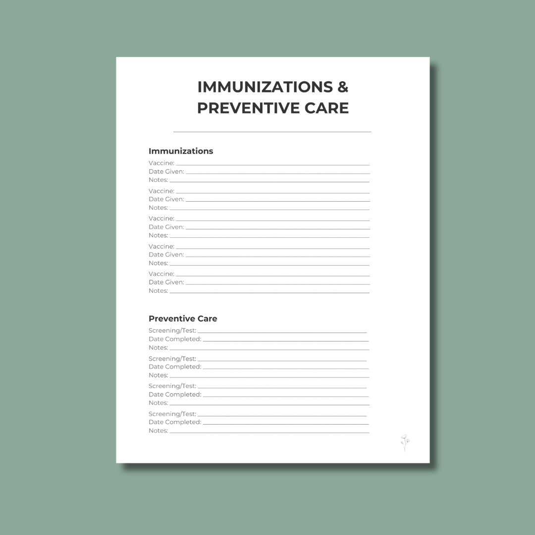 Printable Immunizations and Preventive Care tracker page with sections for vaccines, dates, preventive screenings, and notes in a simple caregiver‑friendly layout.