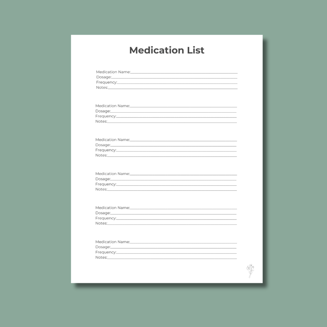 Printable Medication List page with sections to record medication names, dosages, schedules, prescribing providers, and notes in a simple caregiver‑friendly layout.