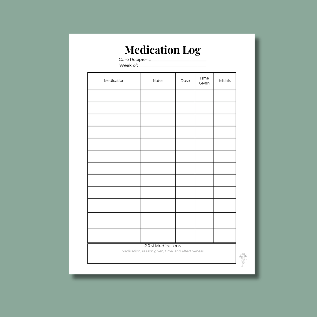 Printable Medication Log page with sections for medication name, dose, time given, notes, and caregiver initials in a simple caregiver‑friendly layout.