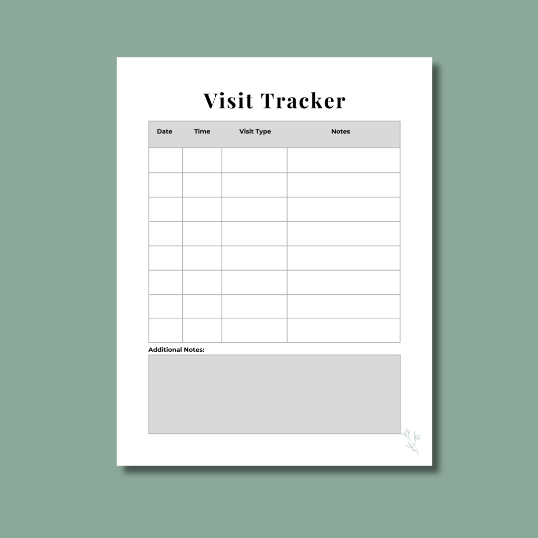 Printable Visit Tracker page with sections for date, time, visit type, and notes in a simple caregiver‑friendly layout