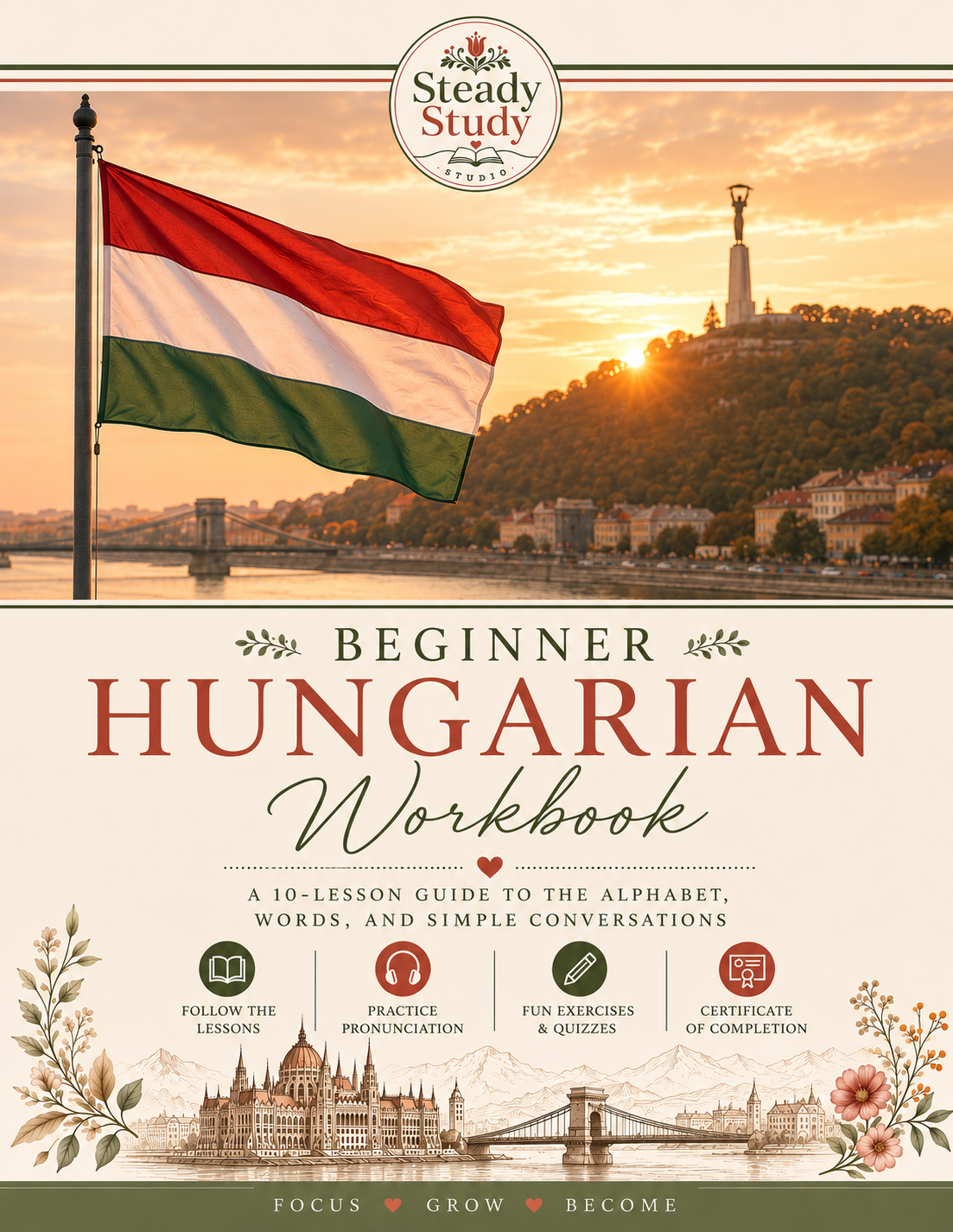 Beginner Hungarian Workbook cover featuring the Hungarian flag and a sunset view of Budapest.