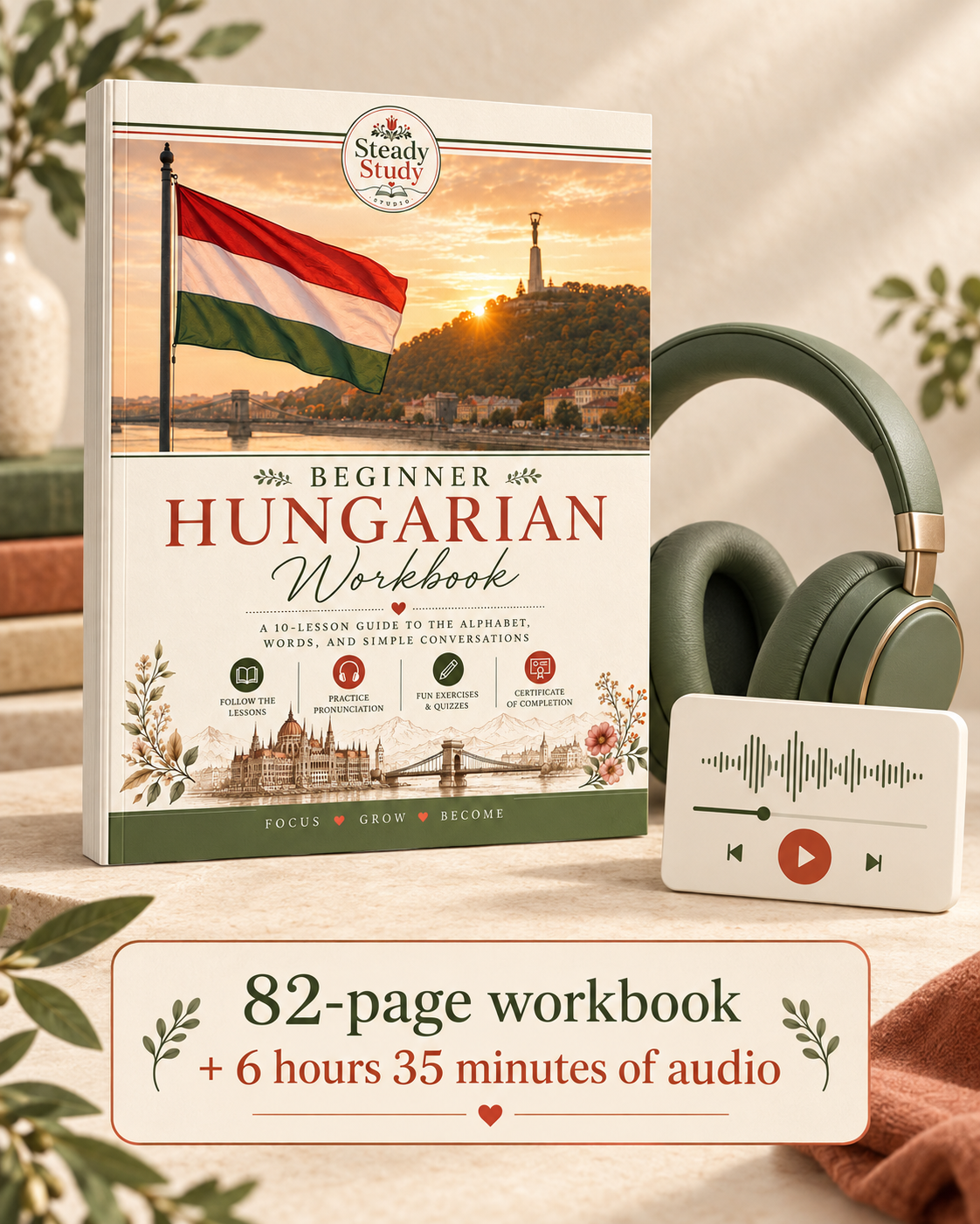 Beginner Hungarian Workbook and audio companion bundle, including 82 pages and 6 hours 35 minutes of audio.