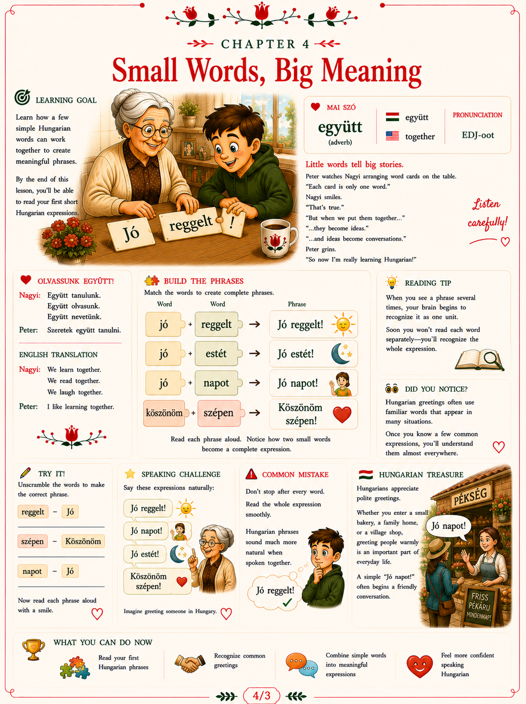 Sample workbook page titled Small Words, Big Meaning, with Hungarian greetings and practice exercises.