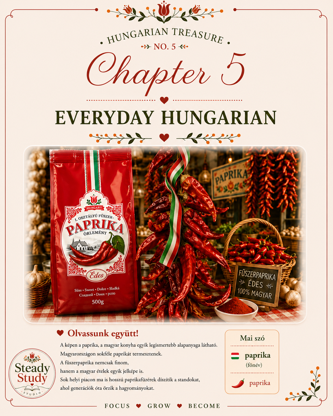 Hungarian Treasure workbook sample page about paprika, featuring traditional Hungarian paprika at a colorful market.