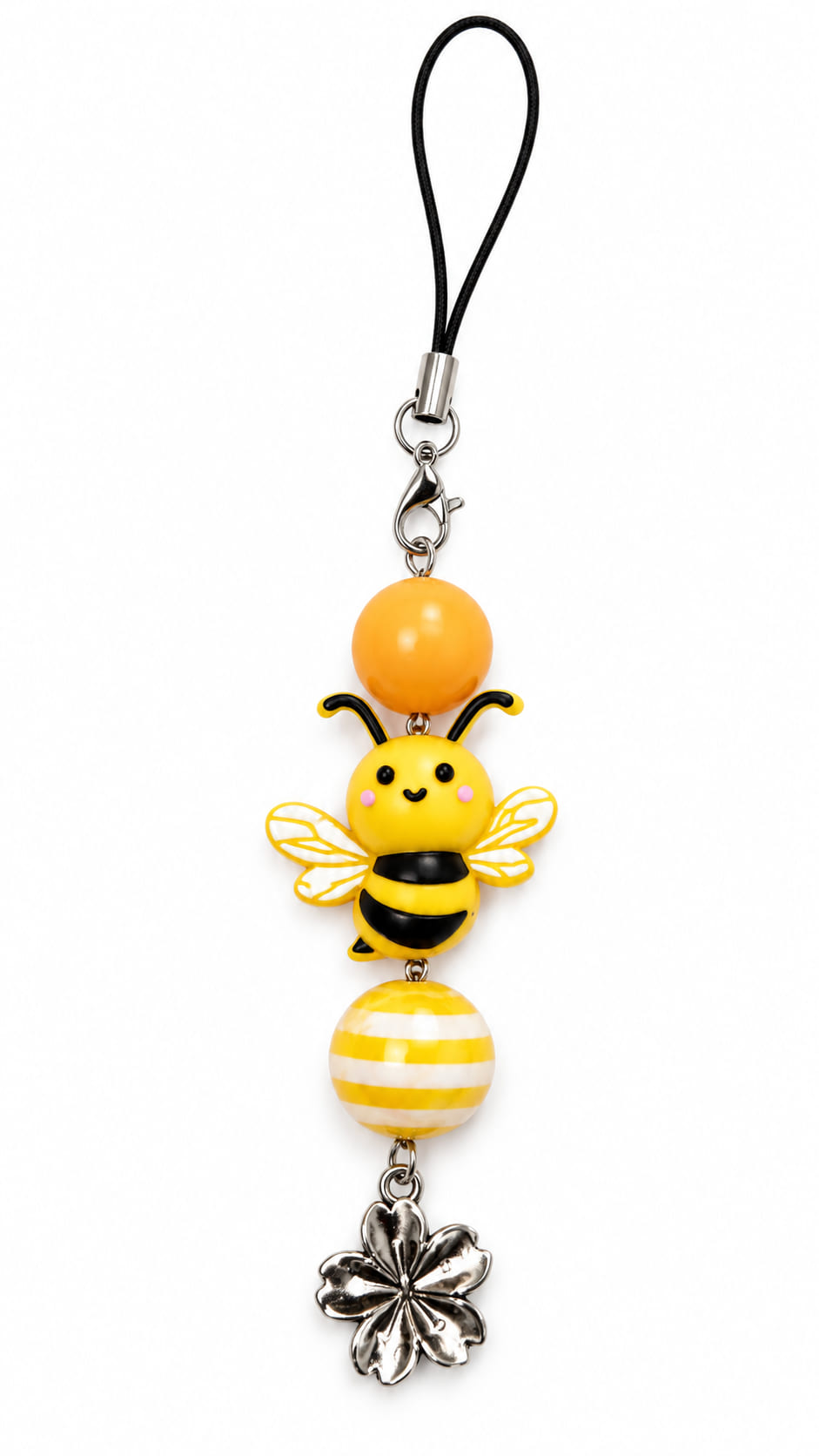 A top-down product shot of a vertical beaded phone strap keychain against a crisp white background. The strap features a black braided cord loop attached to a silver lobster clasp, a shiny pastel orange round bead, a cute 3D yellow and black striped carto
