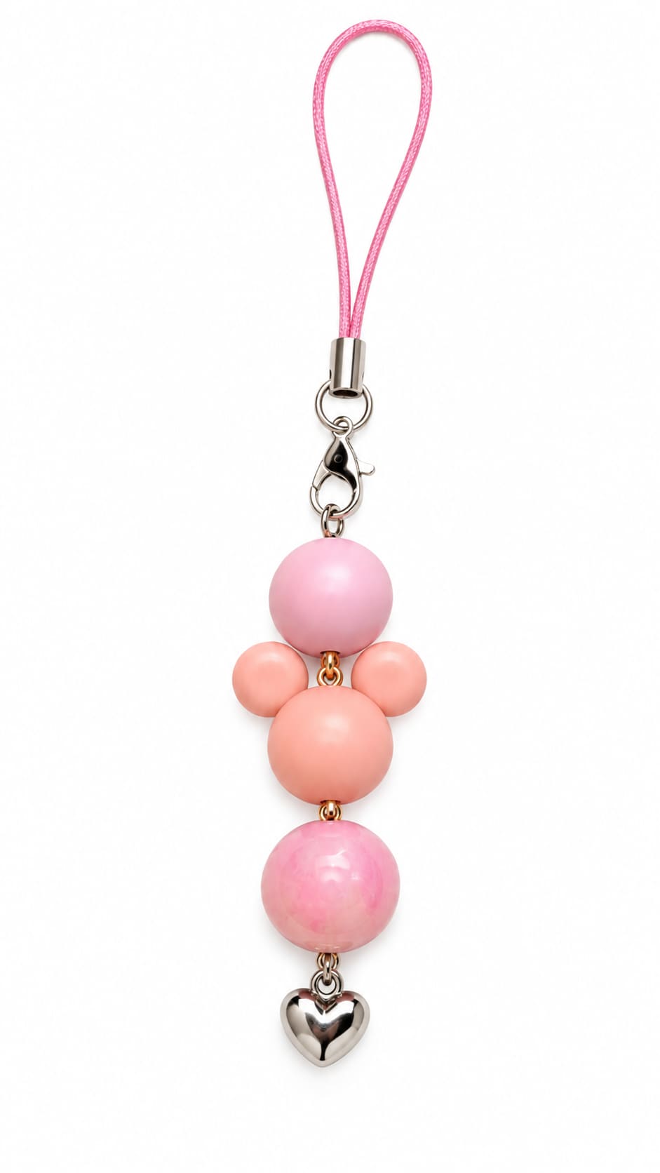 A top-down product shot of a vertical beaded phone strap keychain against a crisp white background. The strap features a bright pink braided cord loop attached to a silver lobster clasp, a smooth pastel pink round bead, a cute beaded mouse head silhouette