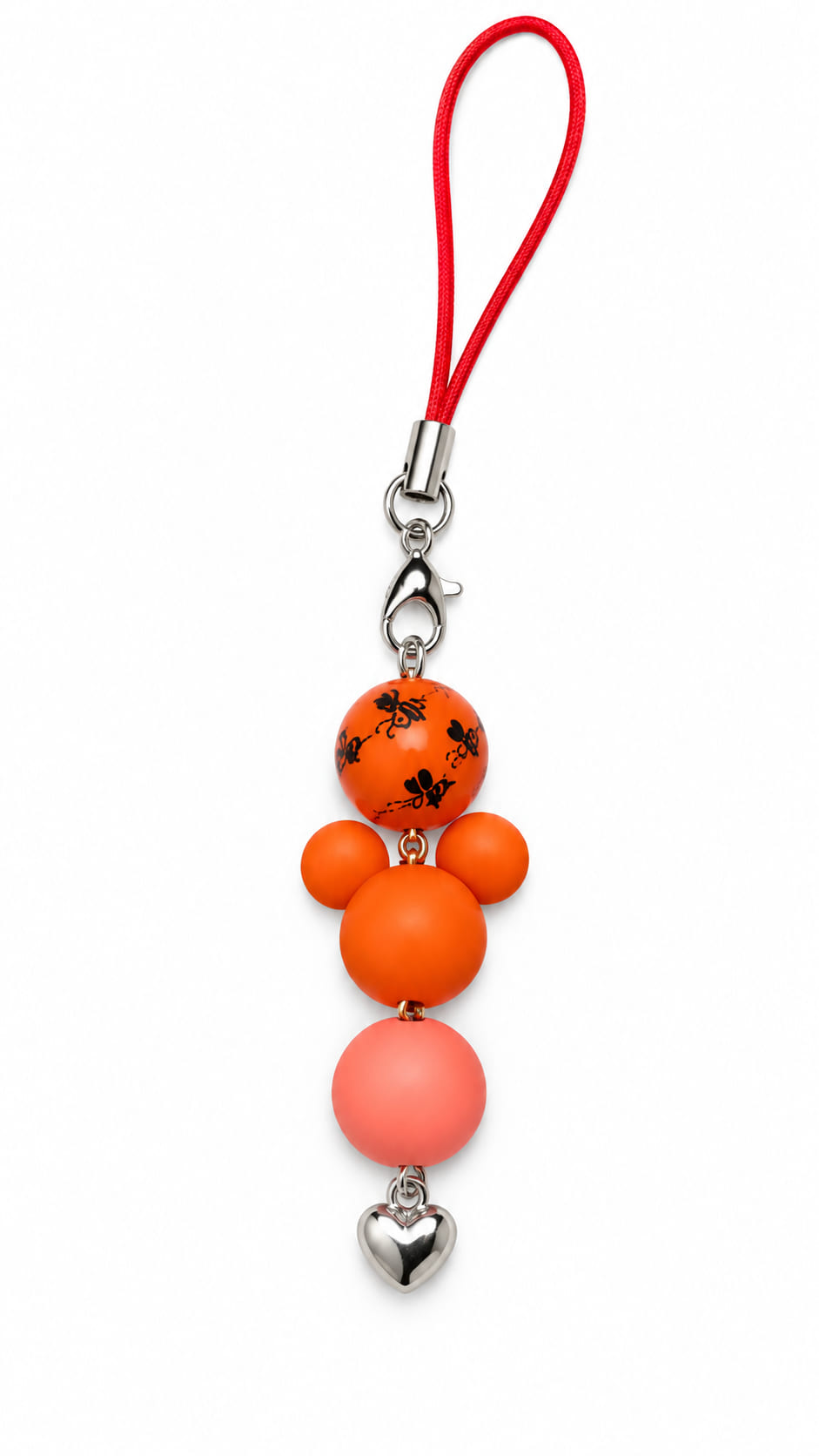 Handmade orange mouse-shaped phone and bag charm with black bumblebee printed bead, matte peach silicone bead, and silver heart pendant on a red loop cord.
