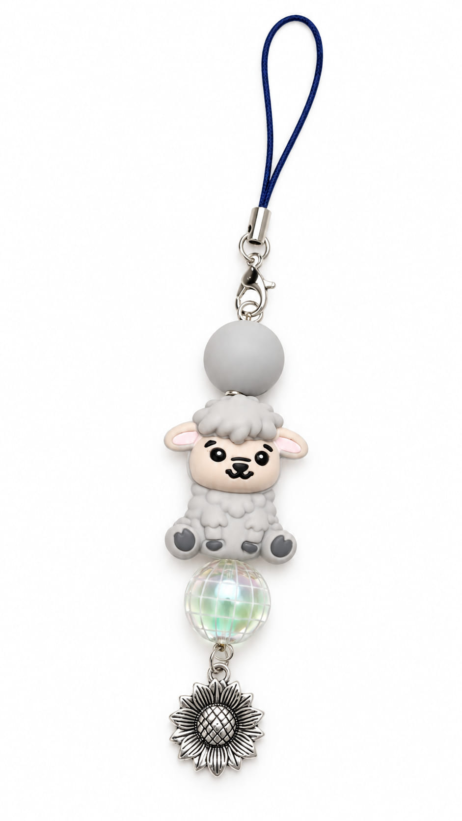 Handmade lamb phone and bag charm with matte grey silicone bead, iridescent faceted disco ball round bead, and silver sunflower pendant on a dark blue loop cord.