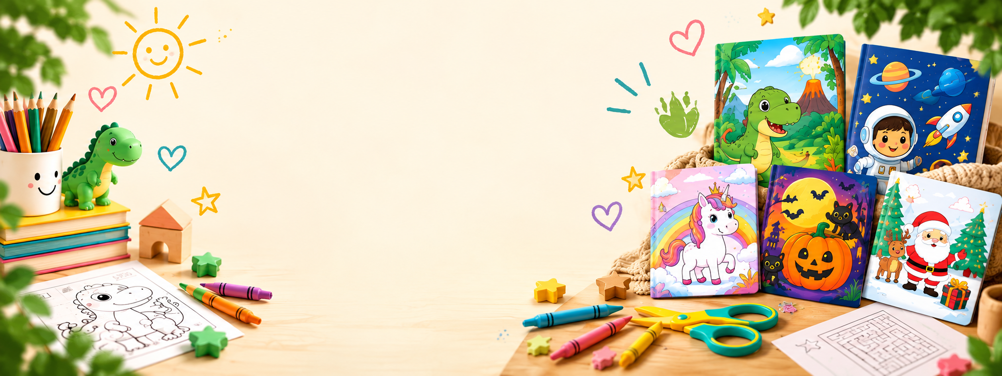 Colorful screen-free printable activity packs for kids featuring dinosaurs, unicorns, Halloween Christmas and creative learning activities.