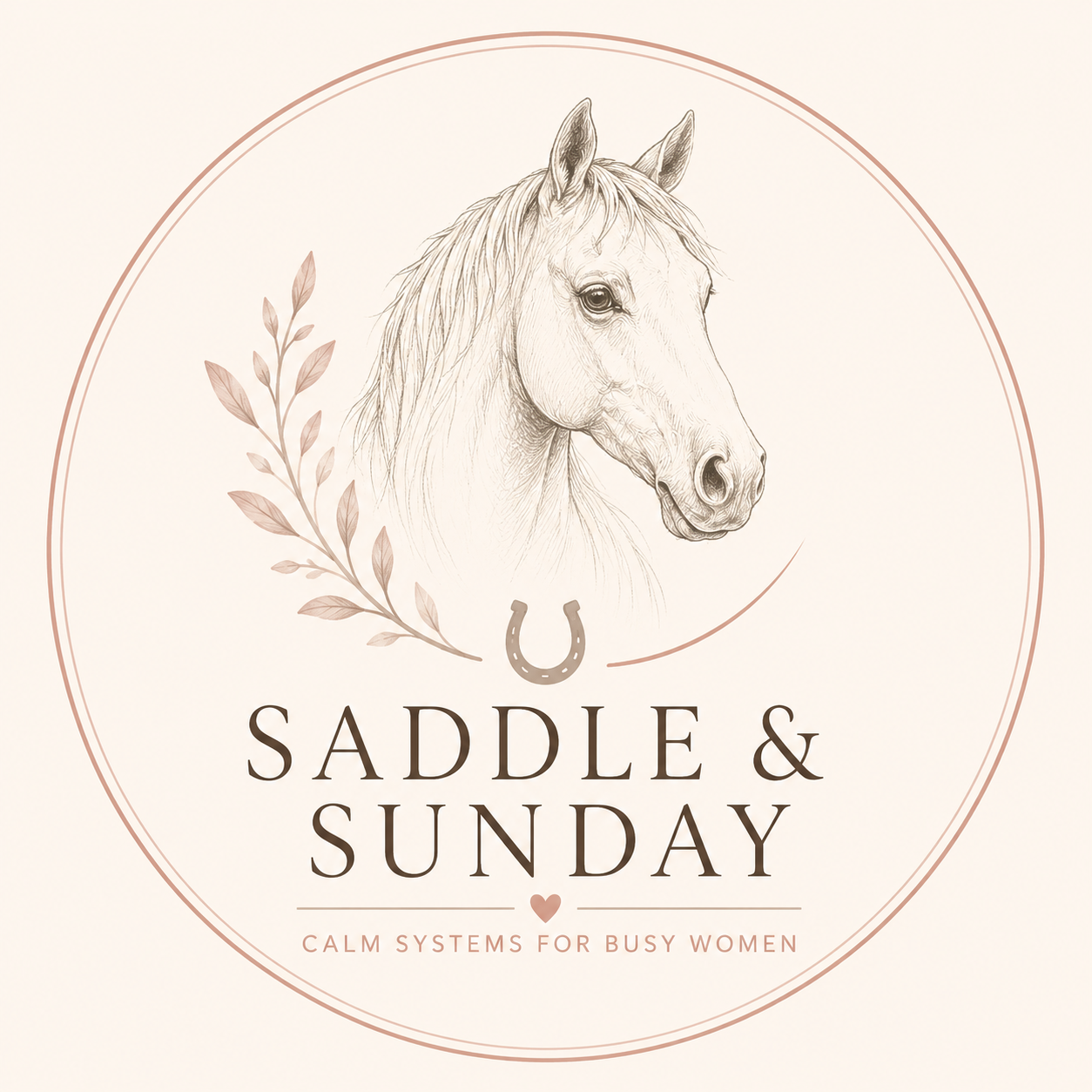 Saddle & Sunday equestrian lifestyle brand logo featuring a hand-drawn horse, horseshoe and botanical design.