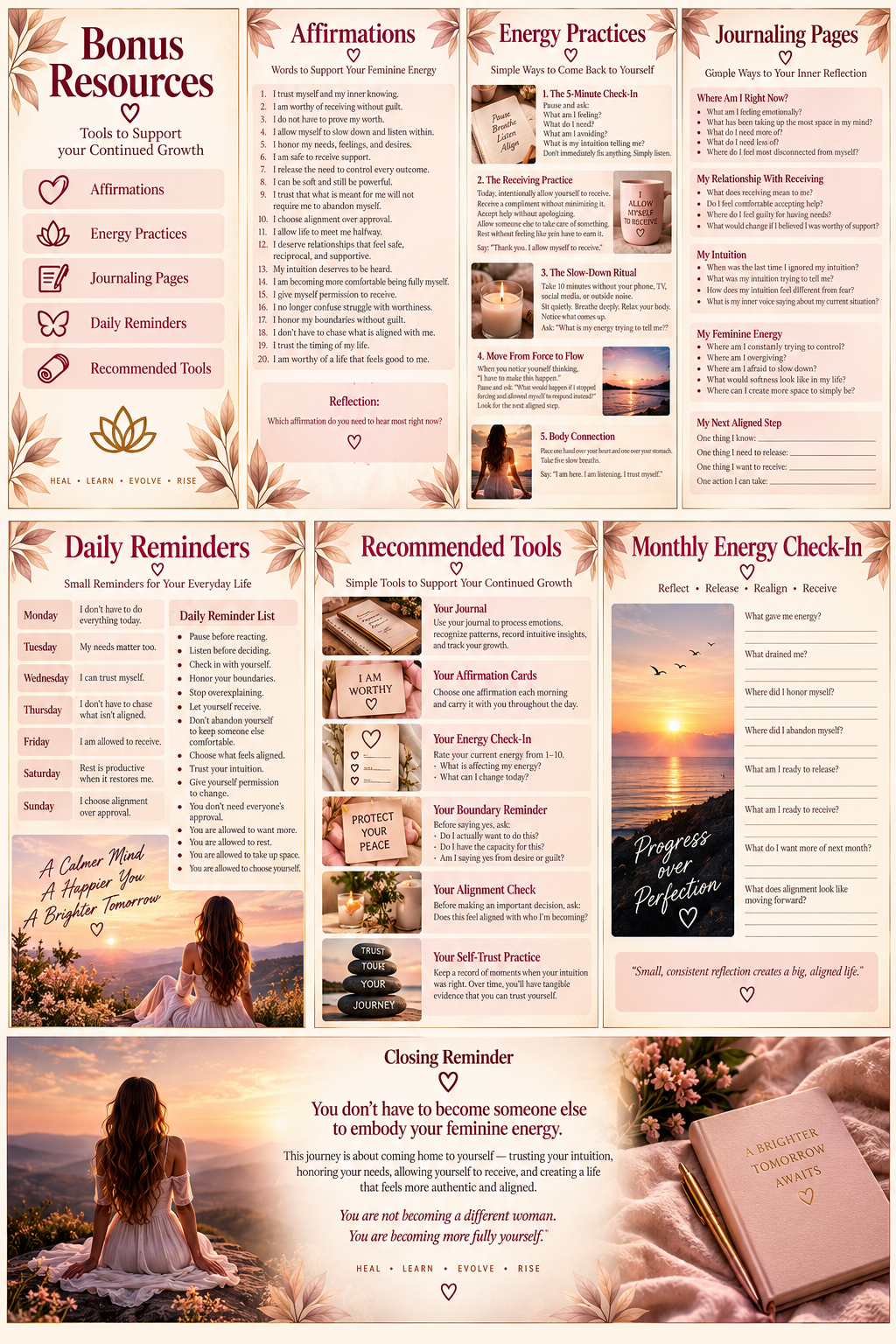 Feminine Energy Reflection Guide for self-awareness, receptivity, self-worth, balance, and personal growth