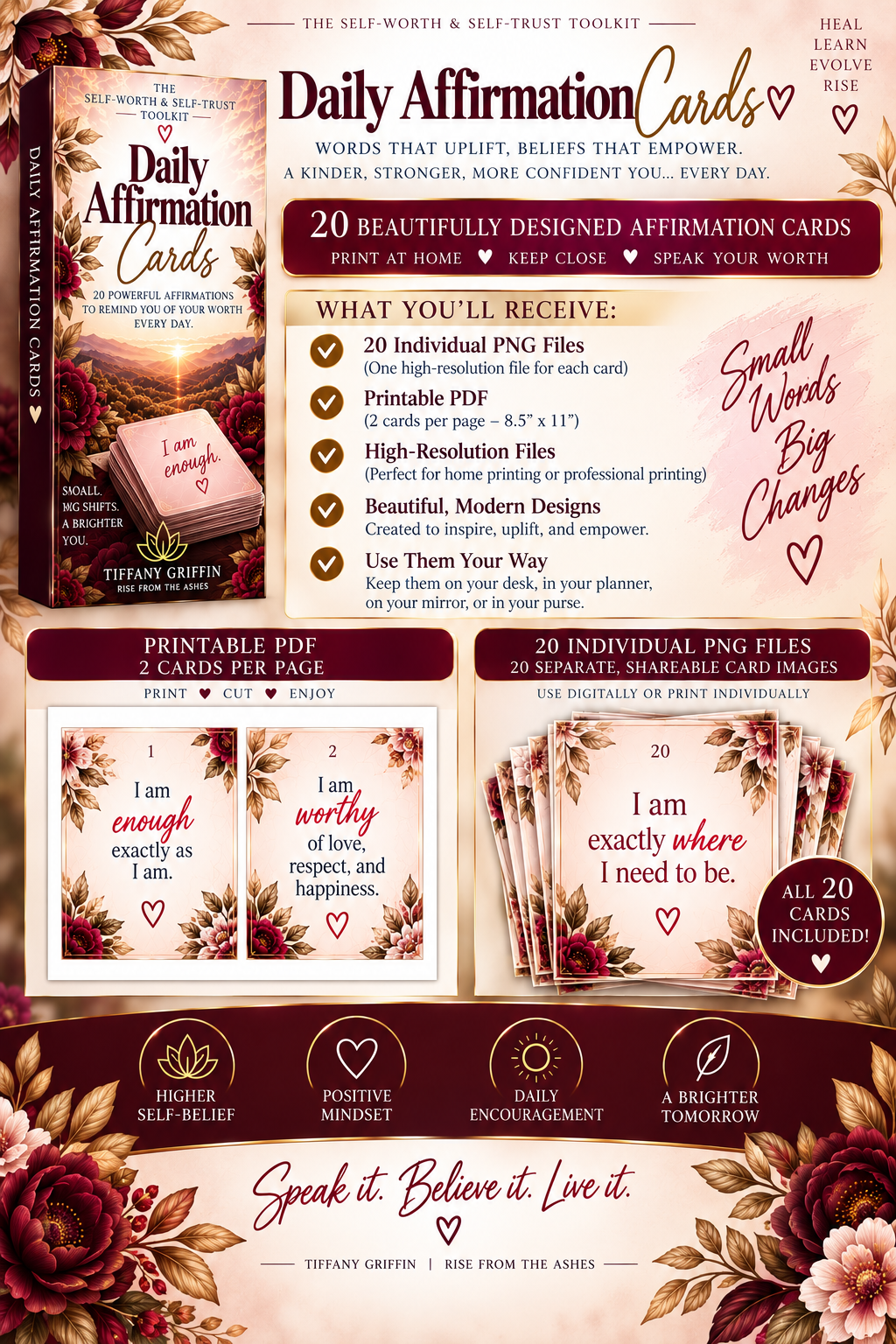 20 printable and digital self-worth affirmation cards for self-love, confidence, and daily encouragement