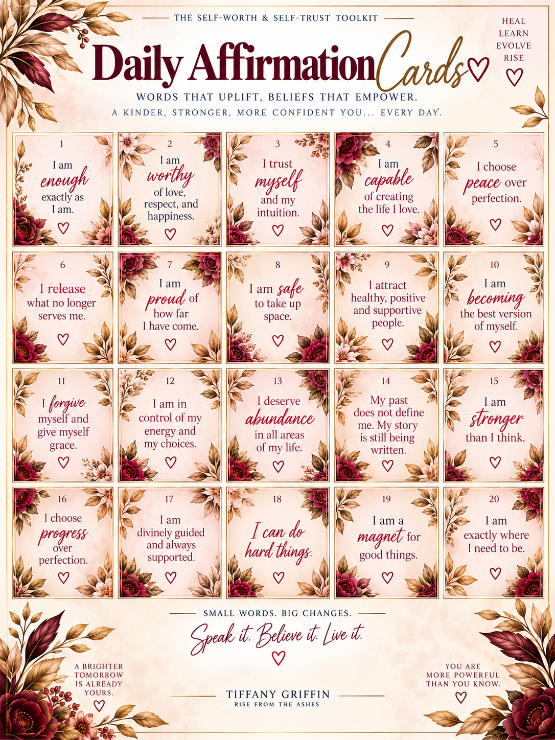 20 printable and digital self-worth affirmation cards for self-love, confidence, and daily encouragement