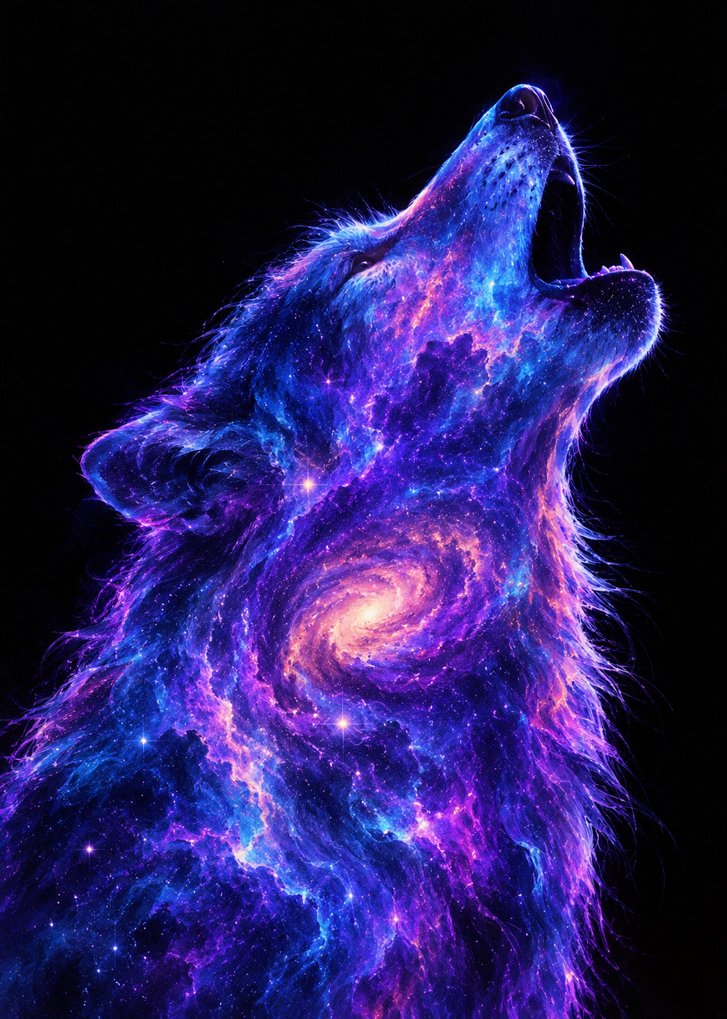 Galaxy wolf wall art showing a howling wolf filled with blue and violet stars and nebula clouds