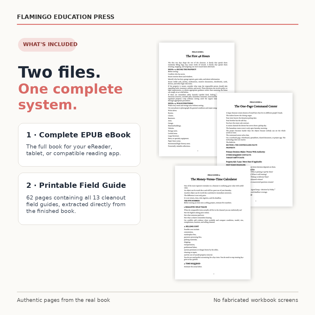 Two-file bundle showing the complete EPUB eBook and printable Cleanout Field Guide with authentic pages from the book